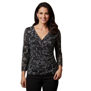 Inc International Concept Black Lace Stretch Ruched V Neck Jersey Size XL